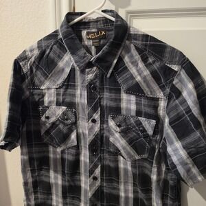 Helix Mens Black Grey Plaid Short Sleeve Western Button Down Shirt Medium